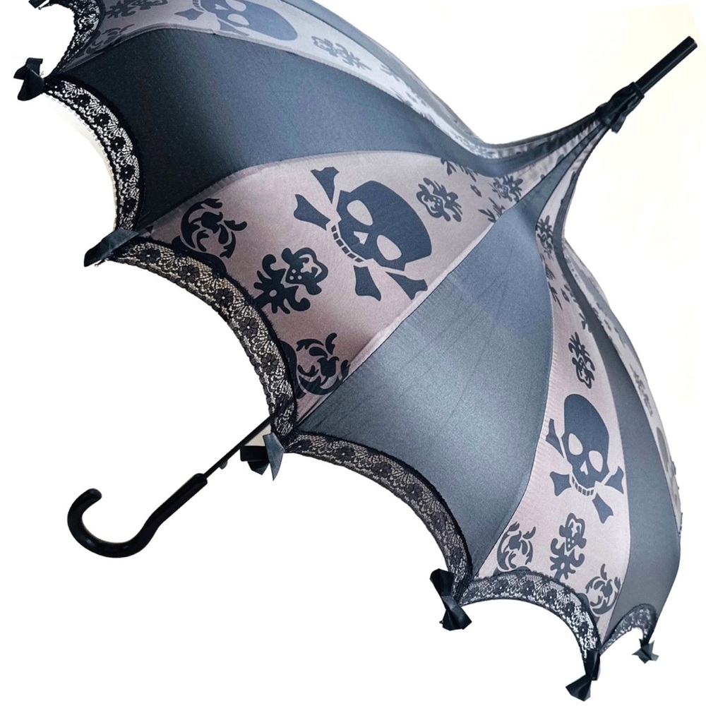 Gothic Skull Lace Ruffle Umbrella - Black and Gray